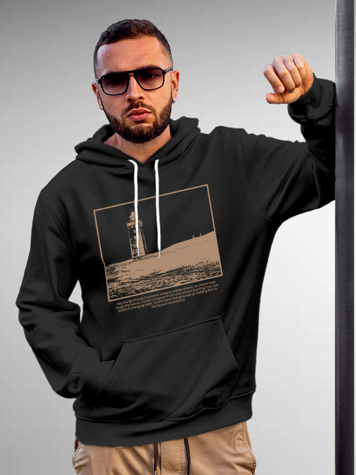 Model wearing Men's Dark Grey Hoodie Sweatshirt with 'Show The Way' design, offering effortless style and premium comfort
