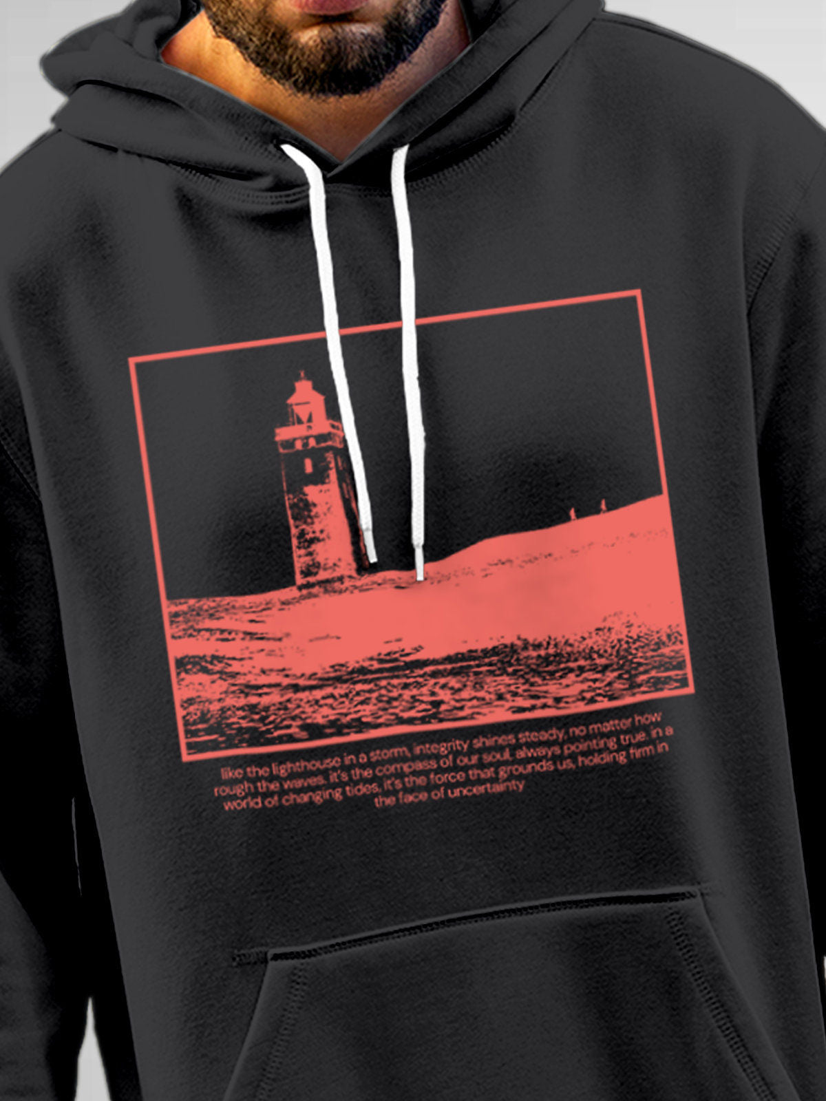 Close up of 'Show The Way' design on Men's Dark Grey Hoodie Sweatshirt, highlighting intricate details and vibrant print.