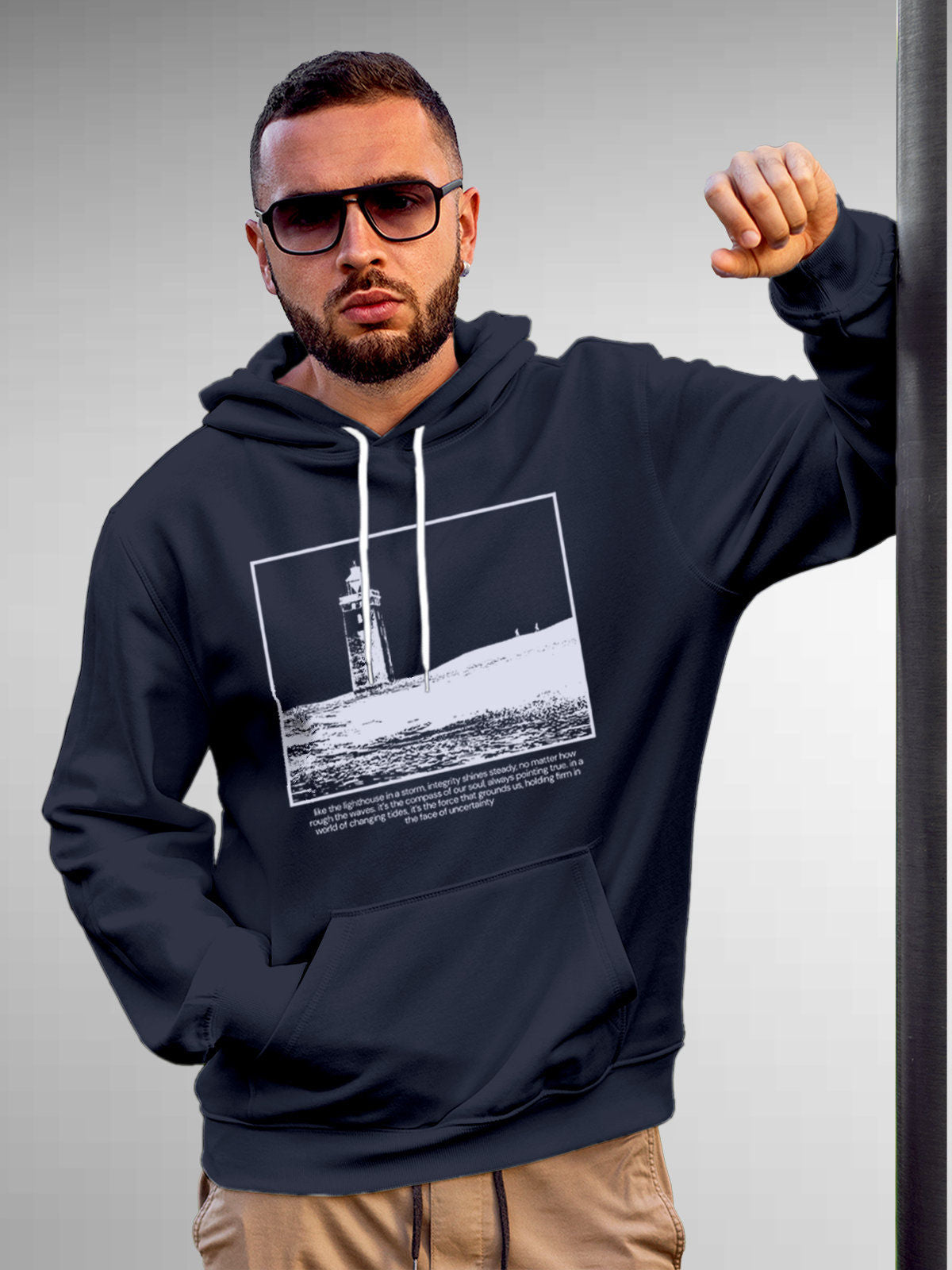 Model wearing Men's Navy Blue Hoodie Sweatshirt with 'Show The Way' design, offering effortless style and premium comfort