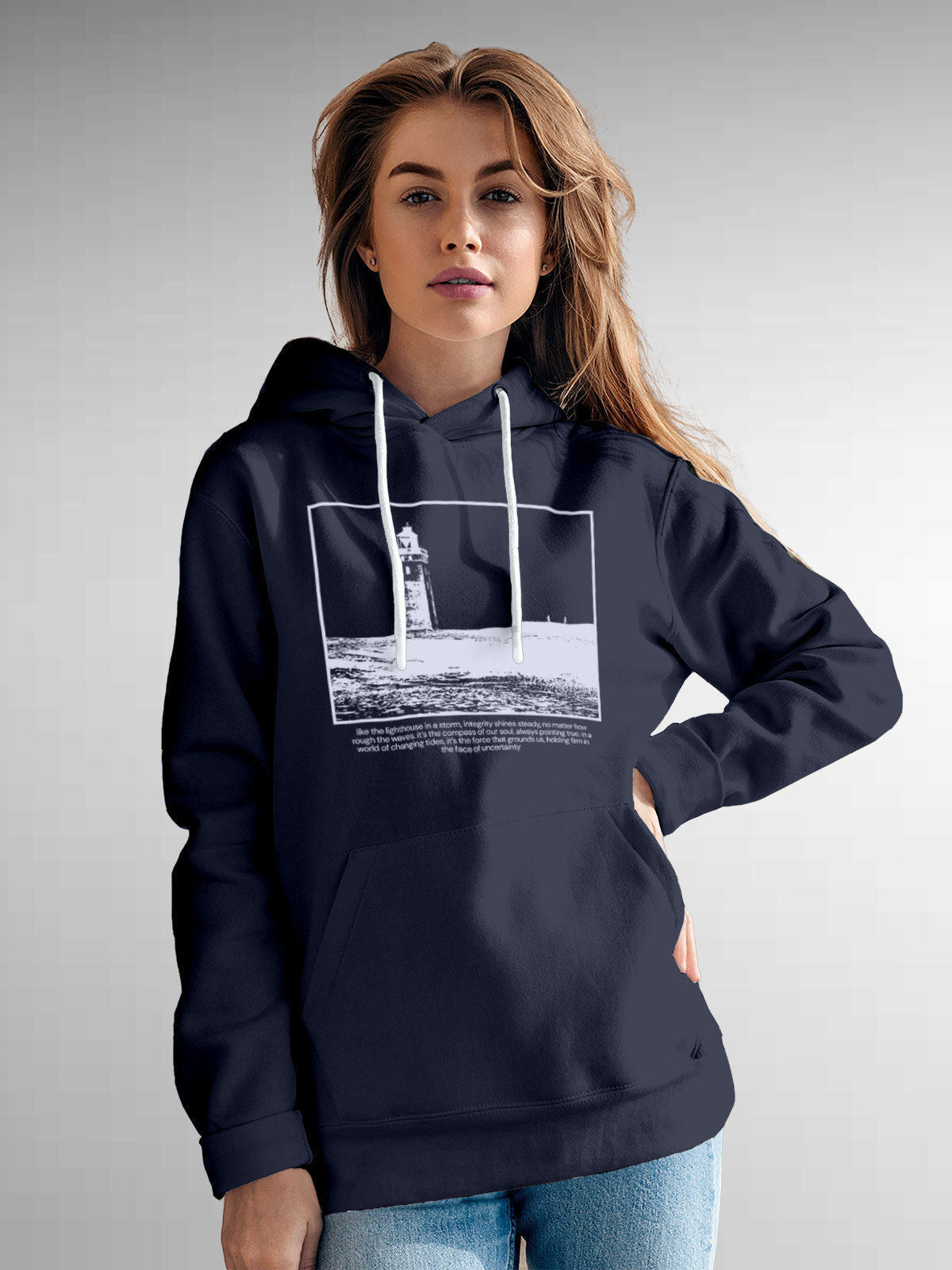 Model wearing Women's Navy Blue Hoodie Sweatshirt with 'Show The Way' design, offering effortless style and premium comfort