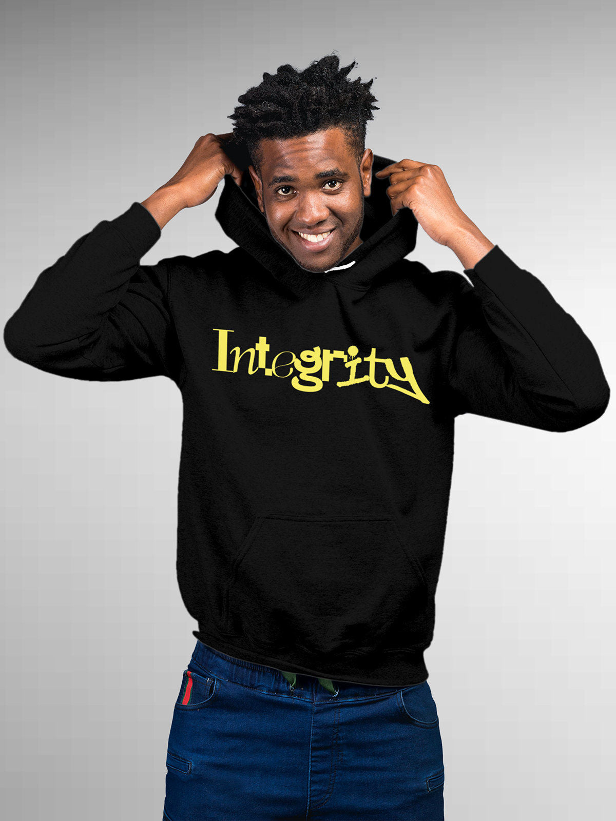 Model wearing Men's Black Hoodie Sweatshirt with 'Integrity' design, offering effortless style and premium comfort