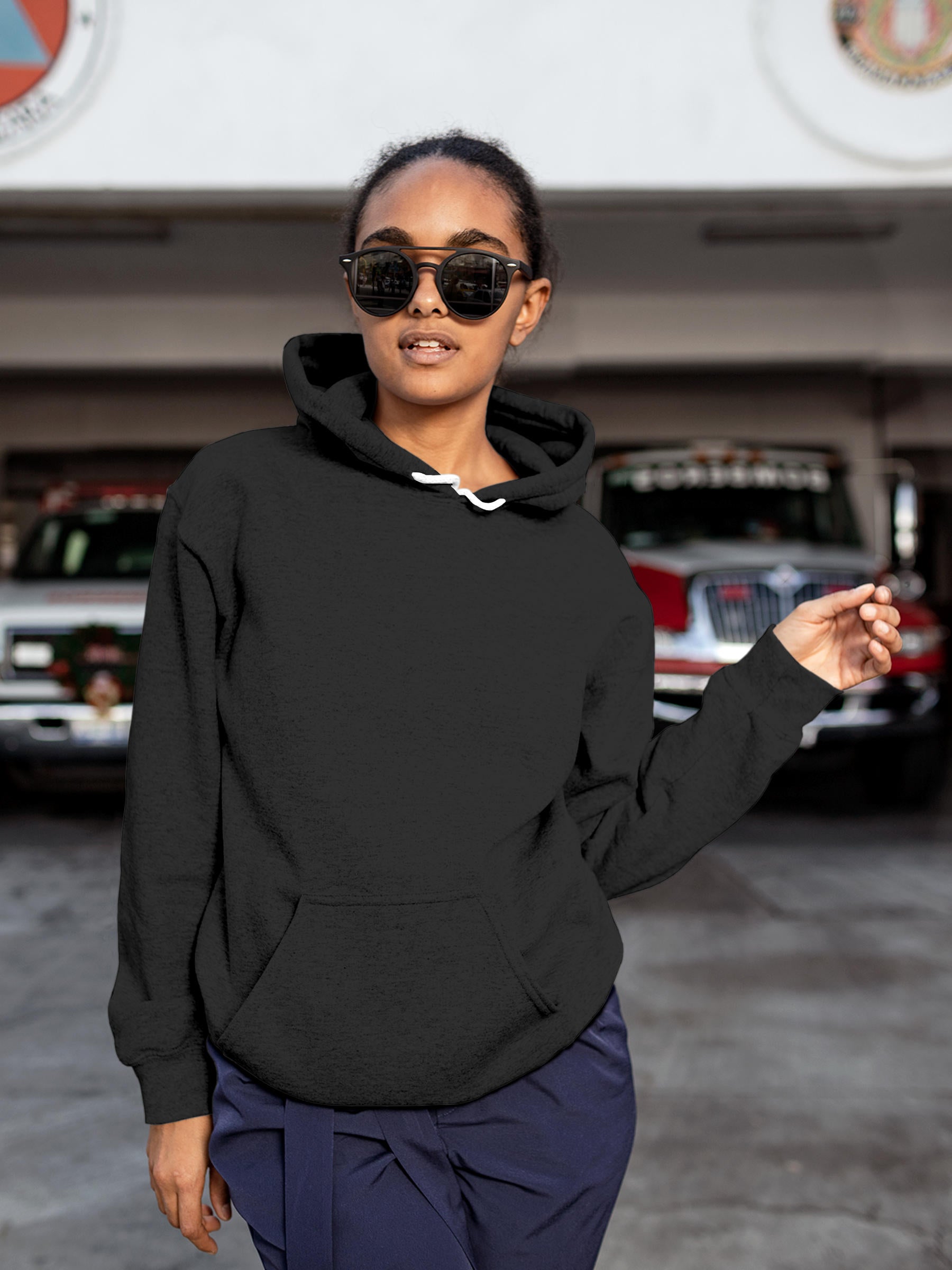 Model wearing Women's Plain Solid Dark Grey Hoodie Sweatshirt, offering effortless style and premium comfort
