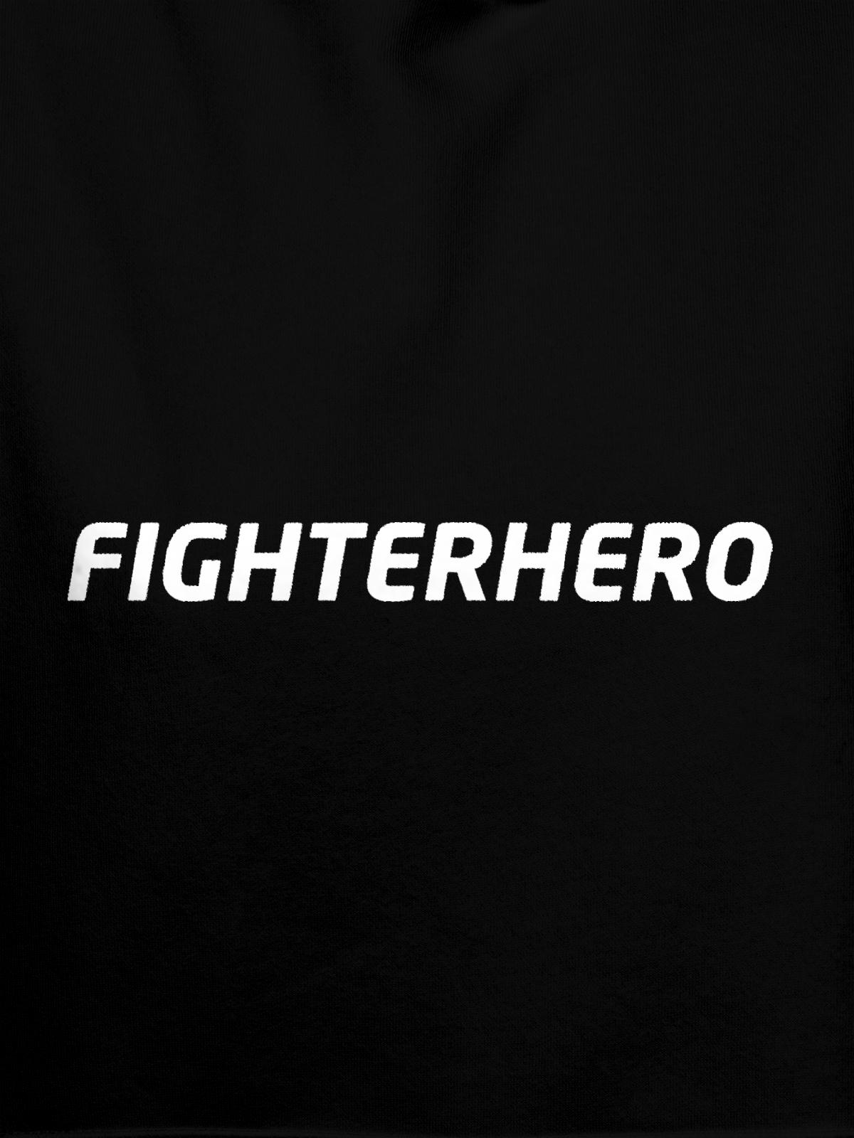 Close up of 'Fighterhero' design on Women's Black Hoodie Sweatshirt, highlighting intricate details and vibrant print.