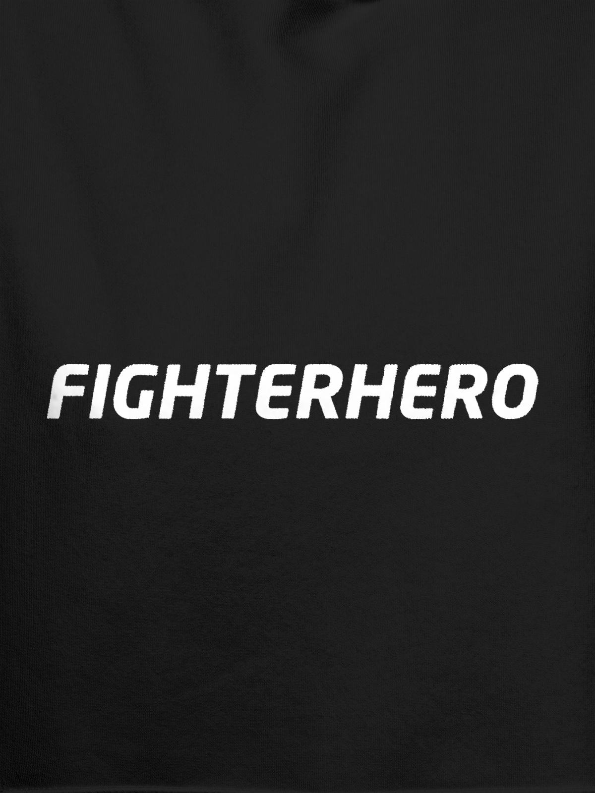 Close up of 'Fighterhero' design on Women's Dark Grey Hoodie Sweatshirt, highlighting intricate details and vibrant print.