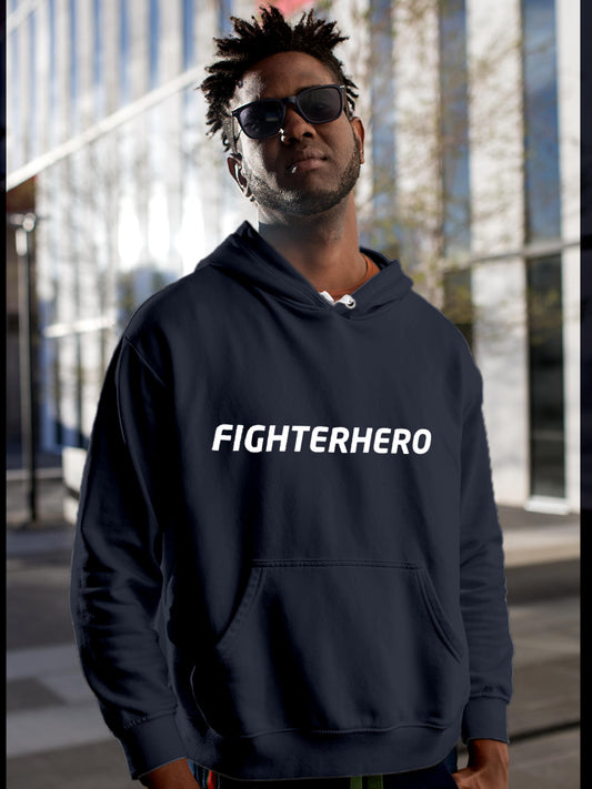 Model wearing Men's Navy Blue Hoodie Sweatshirt with 'Fighterhero' design, offering effortless style and premium comfort