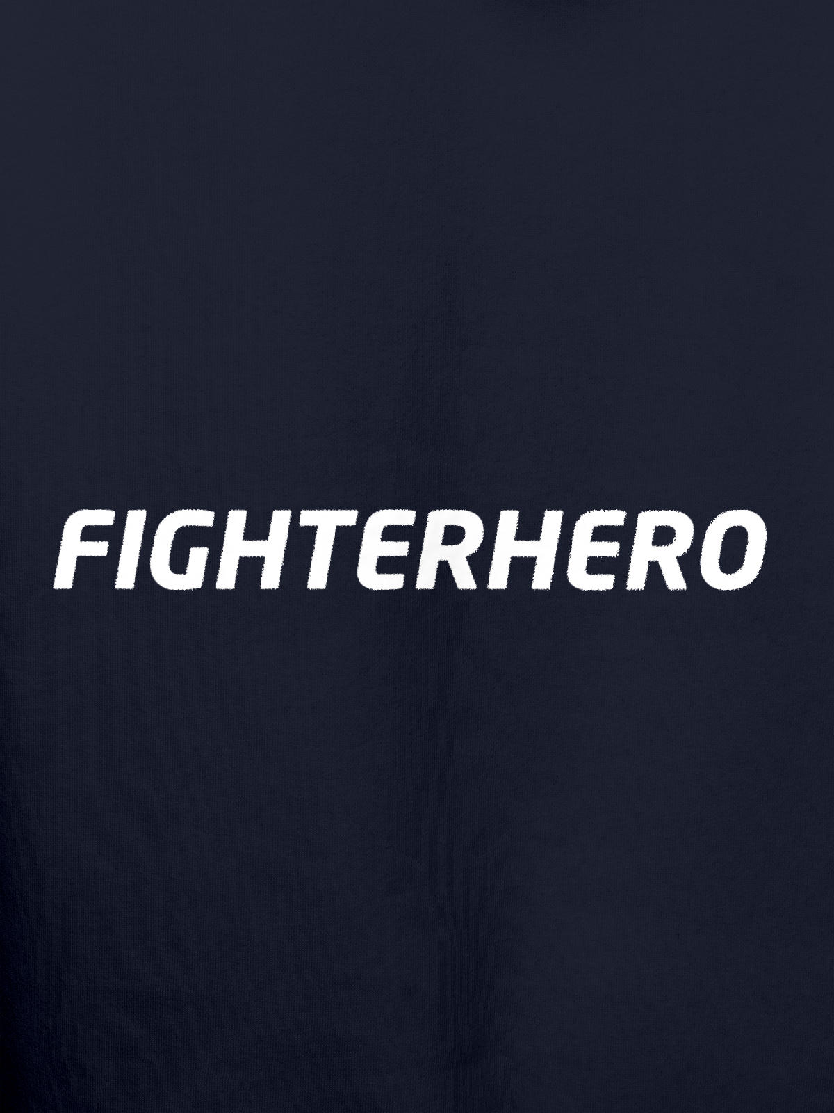 Close up of 'Fighterhero' design on Men's Navy Blue Hoodie Sweatshirt, highlighting intricate details and vibrant print.