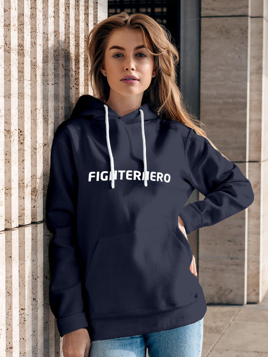 Model wearing Women's Navy Blue Hoodie Sweatshirt with 'Fighterhero' design, offering effortless style and premium comfort