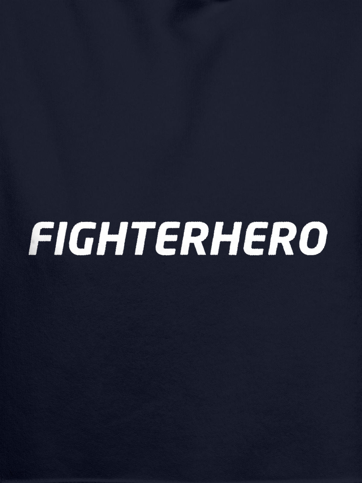 Close up of 'Fighterhero' design on Women's Navy Blue Hoodie Sweatshirt, highlighting intricate details and vibrant print.