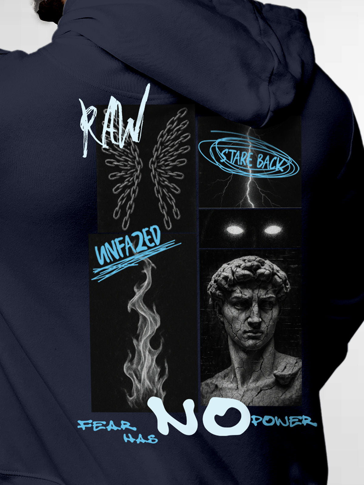 Close up of 'Face The Fear' design on Men's Navy Blue Hoodie Sweatshirt, highlighting intricate details and vibrant print.