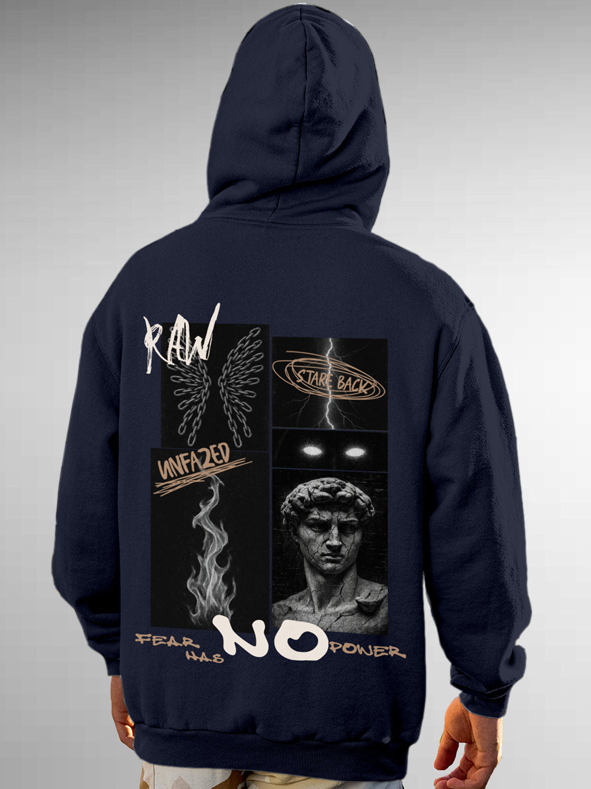 Model wearing Men's Navy Blue Hoodie Sweatshirt with 'Face The Fear' design, offering effortless style and premium comfort