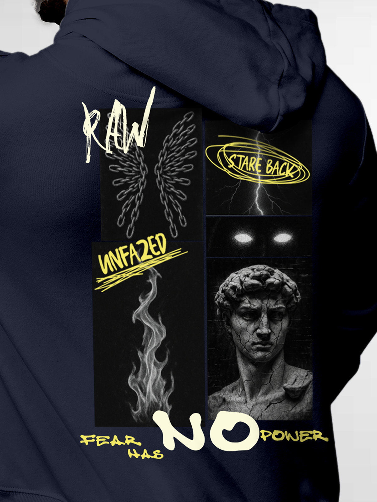 Close up of 'Face The Fear' design on Men's Navy Blue Hoodie Sweatshirt, highlighting intricate details and vibrant print.