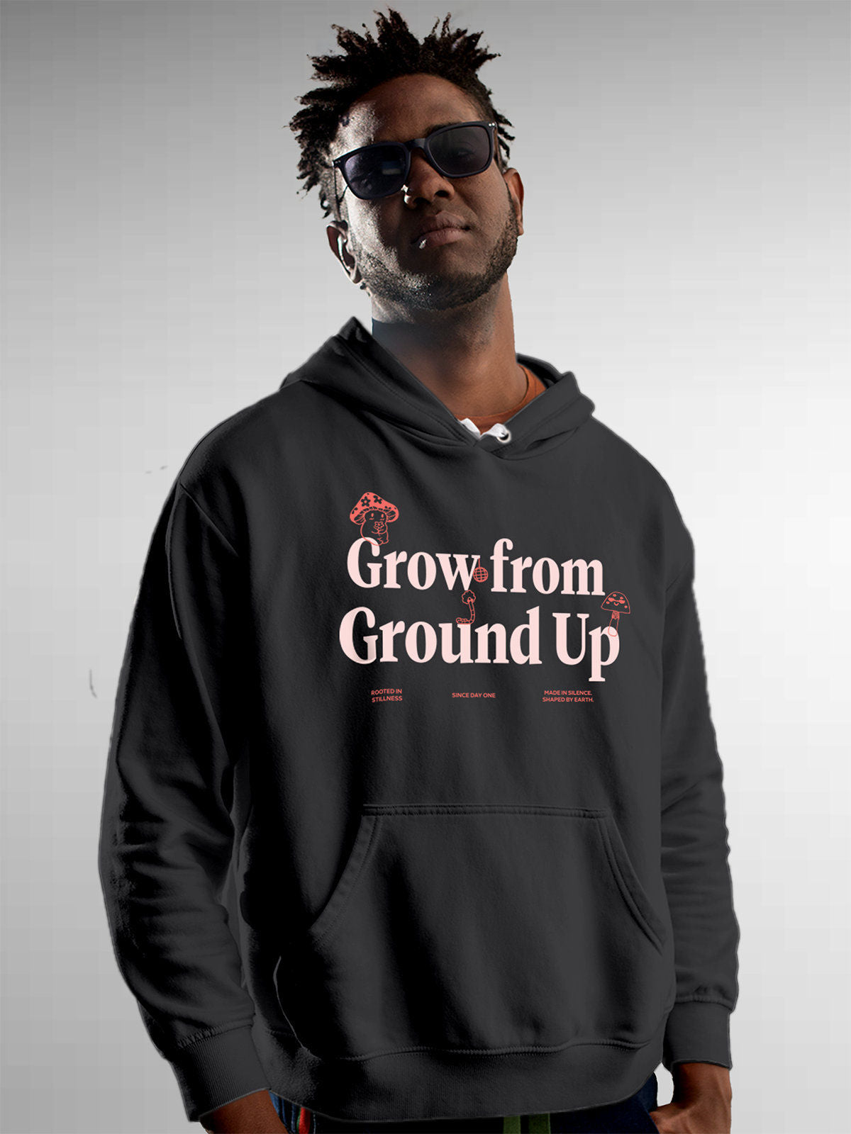 Model wearing Men's Dark Grey Hoodie Sweatshirt with 'Grow From Ground Up' design, offering effortless style and premium comfort