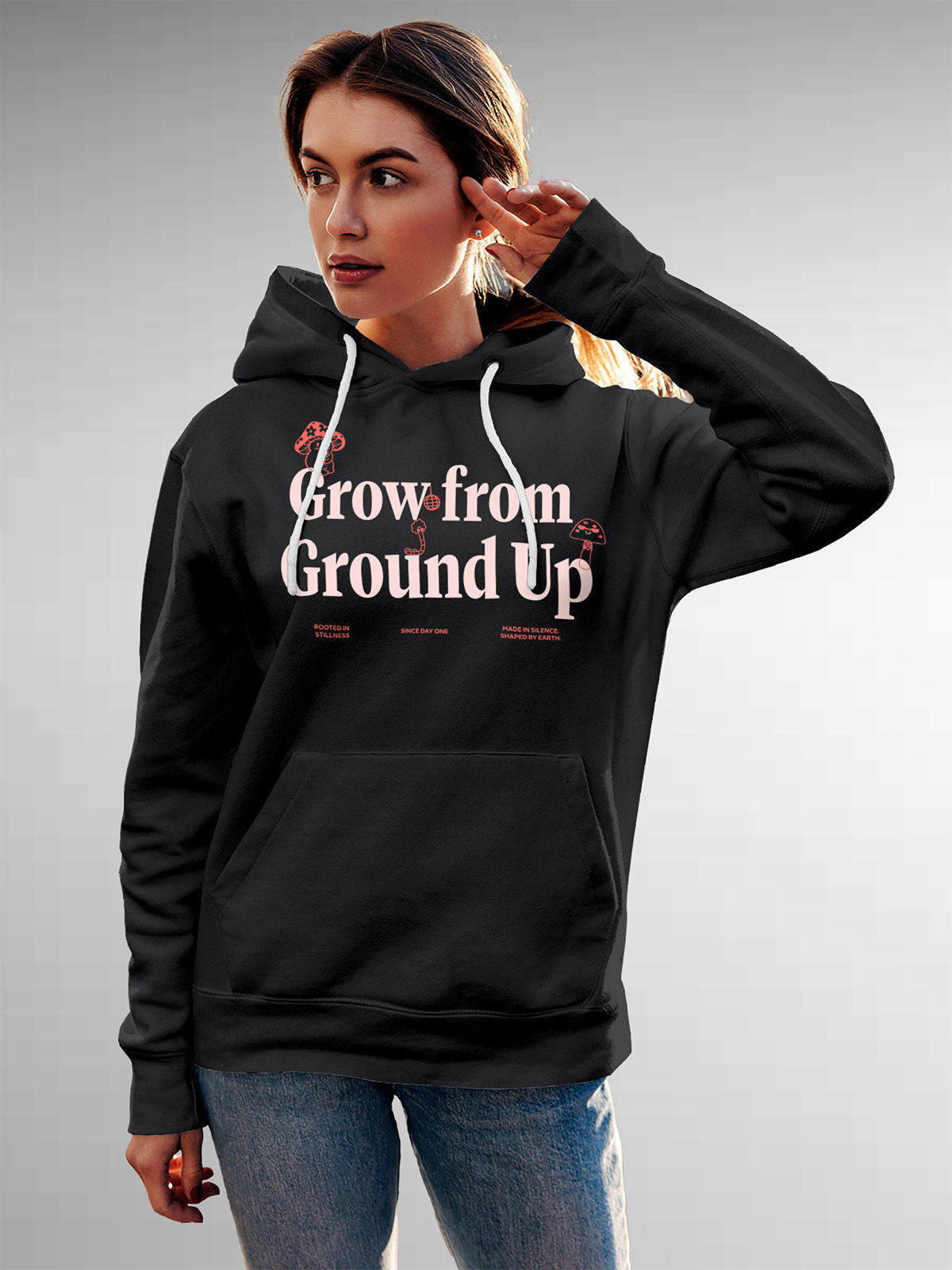 Model wearing Women's Dark Grey Hoodie Sweatshirt with 'Grow From Ground Up' design, offering effortless style and premium comfort