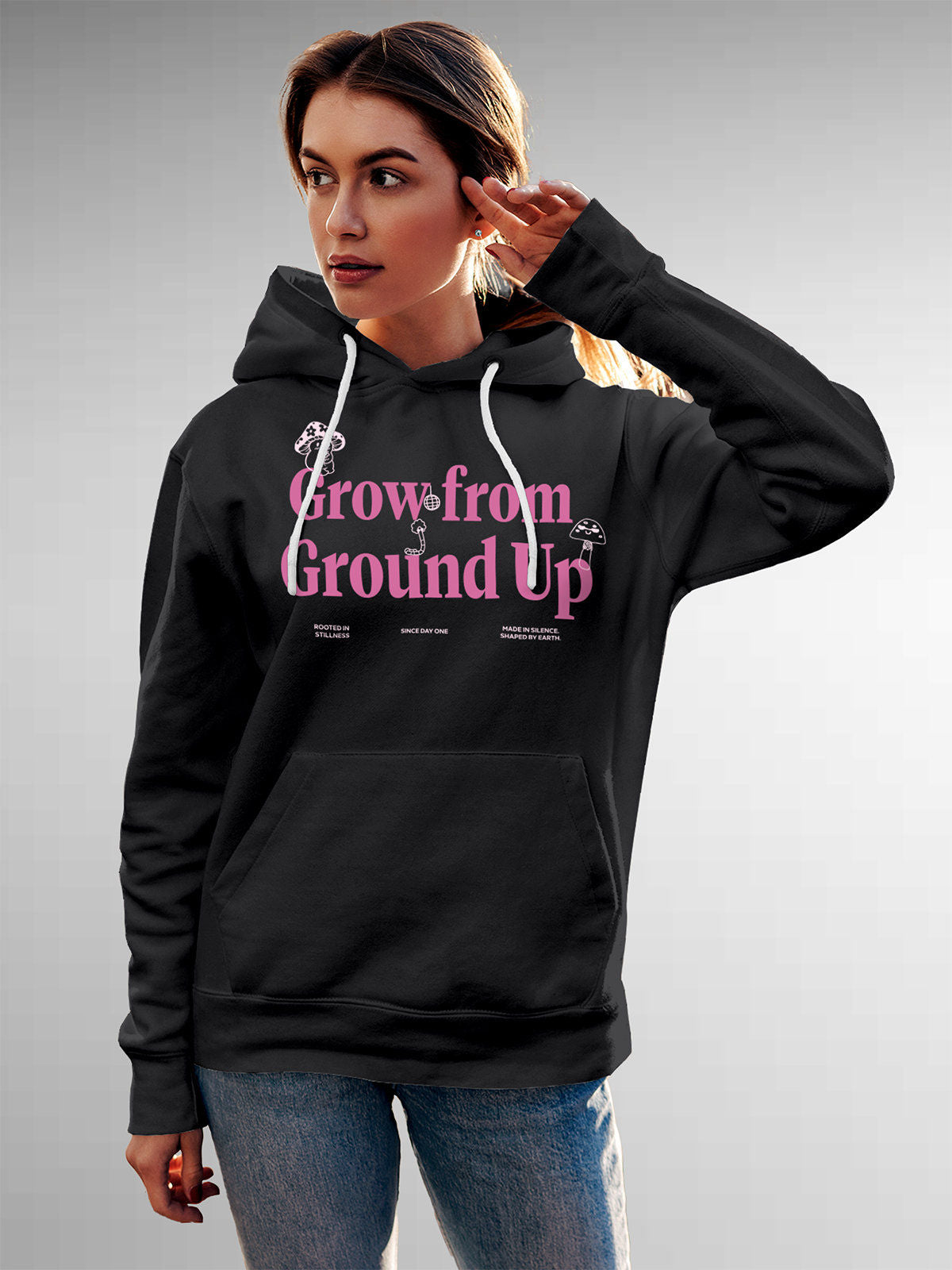 Model wearing Women's Dark Grey Hoodie Sweatshirt with 'Grow From Ground Up' design, offering effortless style and premium comfort