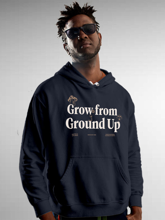Model wearing Men's Navy Blue Hoodie Sweatshirt with 'Grow From Ground Up' design, offering effortless style and premium comfort