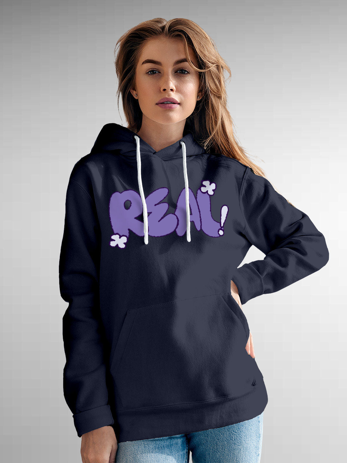Model wearing Women's Navy Blue Hoodie Sweatshirt with 'Real' design, offering effortless style and premium comfort