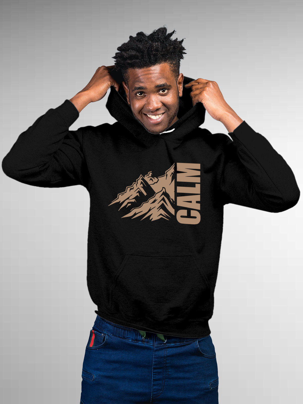 Model wearing Men's Black Hoodie Sweatshirt with 'Calm' design, offering effortless style and premium comfort