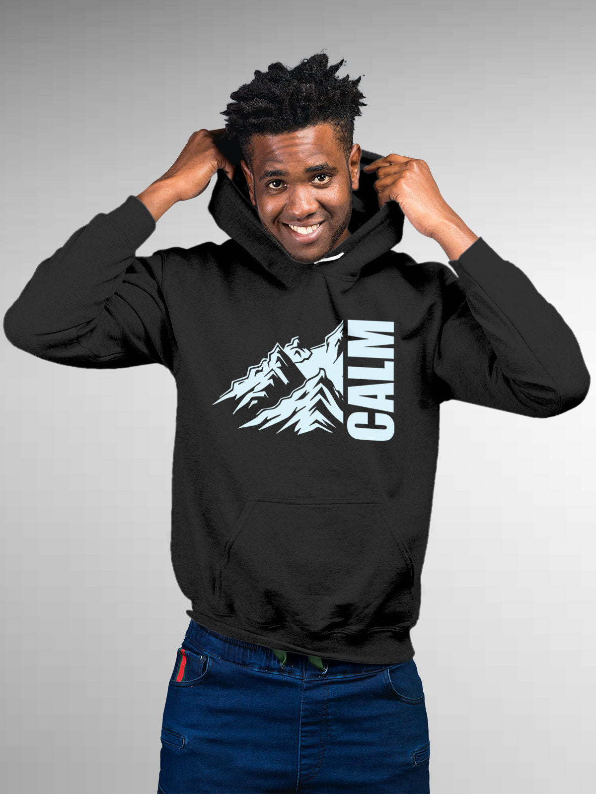 Model wearing Men's Dark Grey Hoodie Sweatshirt with 'Calm' design, offering effortless style and premium comfort