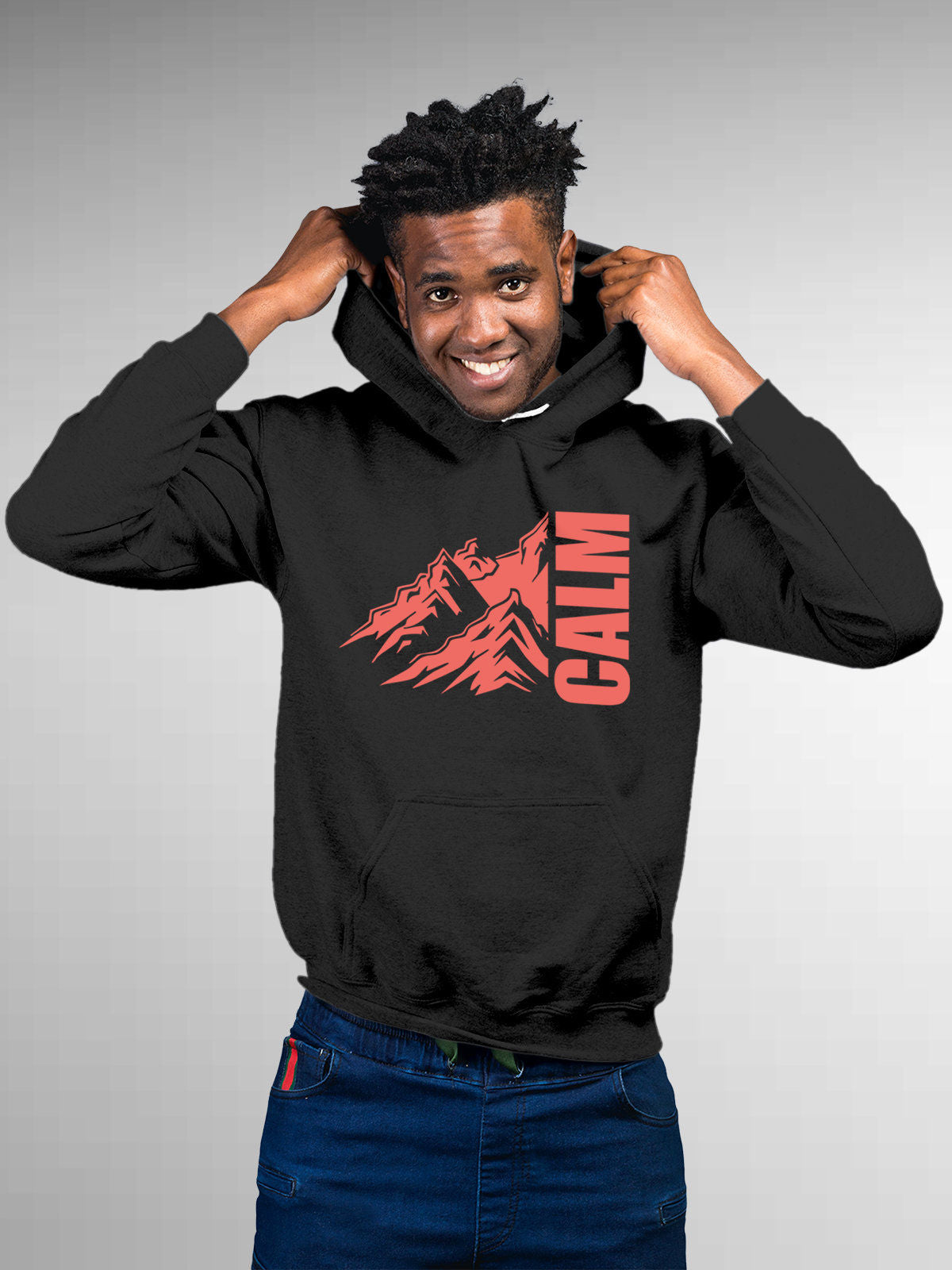 Model wearing Men's Dark Grey Hoodie Sweatshirt with 'Calm' design, offering effortless style and premium comfort