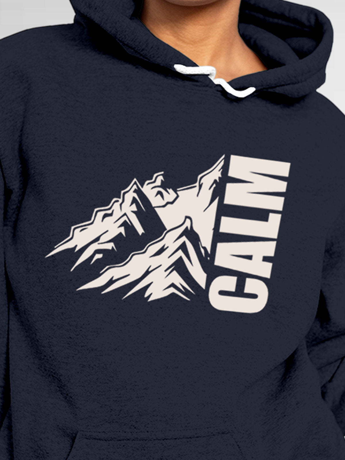 Close up of 'Calm' design on Women's Navy Blue Hoodie Sweatshirt, highlighting intricate details and vibrant print.