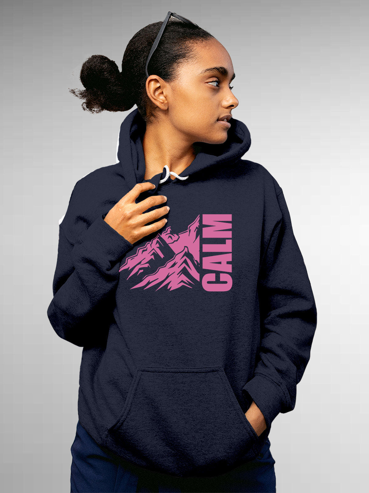 Model wearing Women's Navy Blue Hoodie Sweatshirt with 'Calm' design, offering effortless style and premium comfort