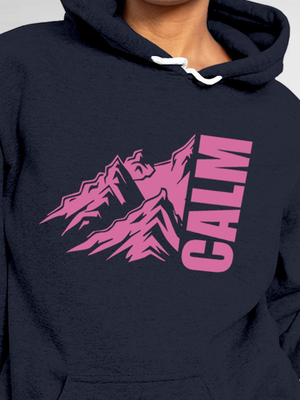 Close up of 'Calm' design on Women's Navy Blue Hoodie Sweatshirt, highlighting intricate details and vibrant print.