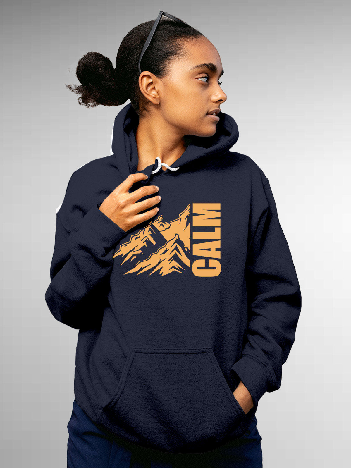 Model wearing Women's Navy Blue Hoodie Sweatshirt with 'Calm' design, offering effortless style and premium comfort
