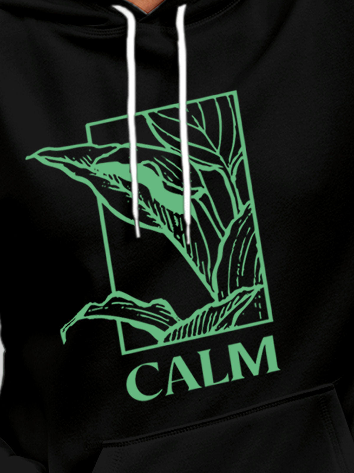 Close up of 'Calm' design on Men's Black Hoodie Sweatshirt, highlighting intricate details and vibrant print.
