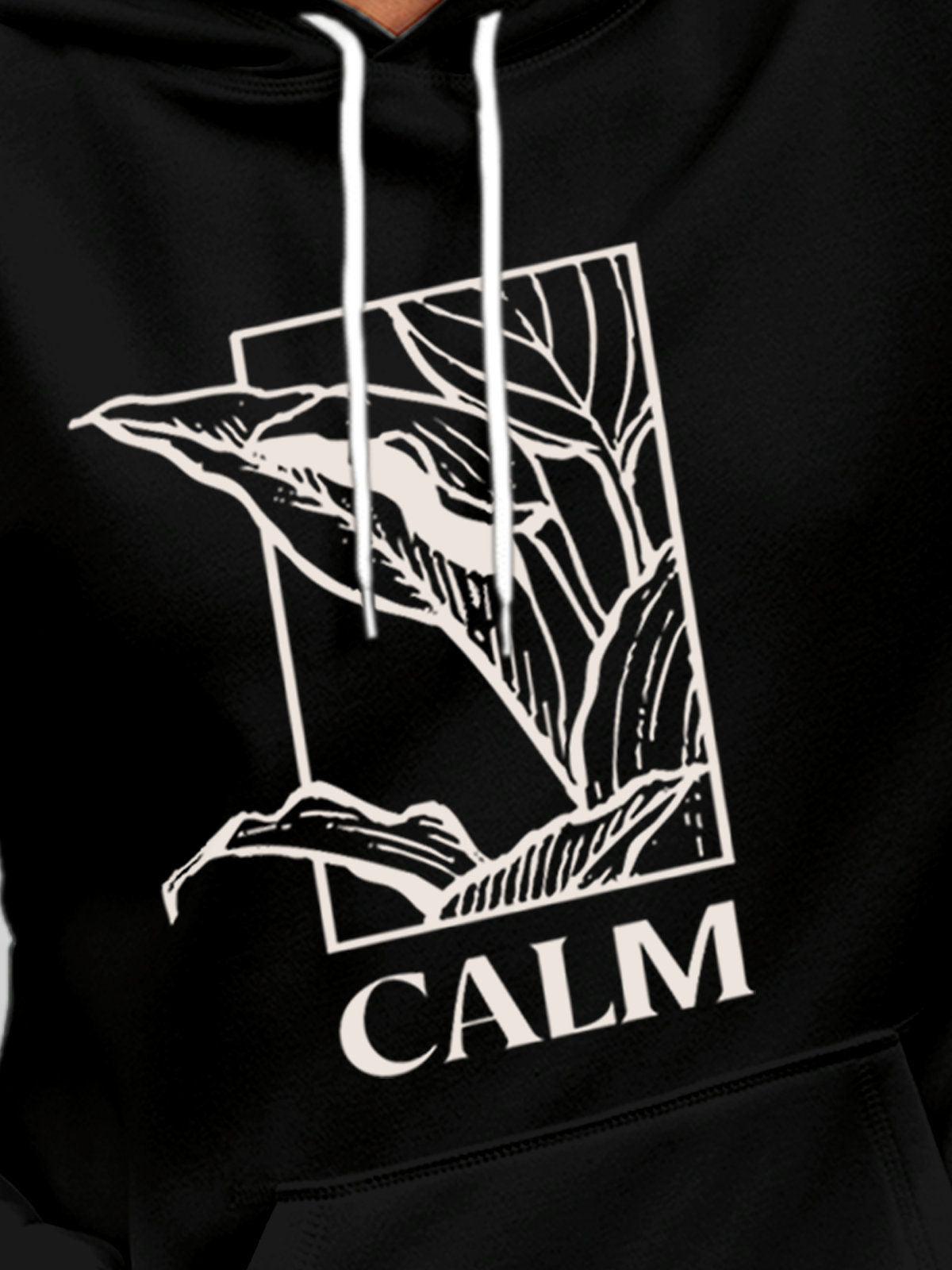 Close up of 'Calm' design on Men's Black Hoodie Sweatshirt, highlighting intricate details and vibrant print.