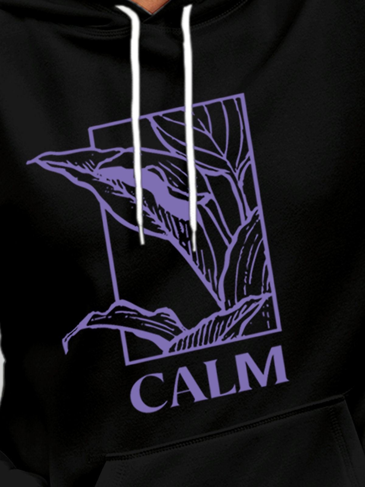 Close up of 'Calm' design on Men's Black Hoodie Sweatshirt, highlighting intricate details and vibrant print.
