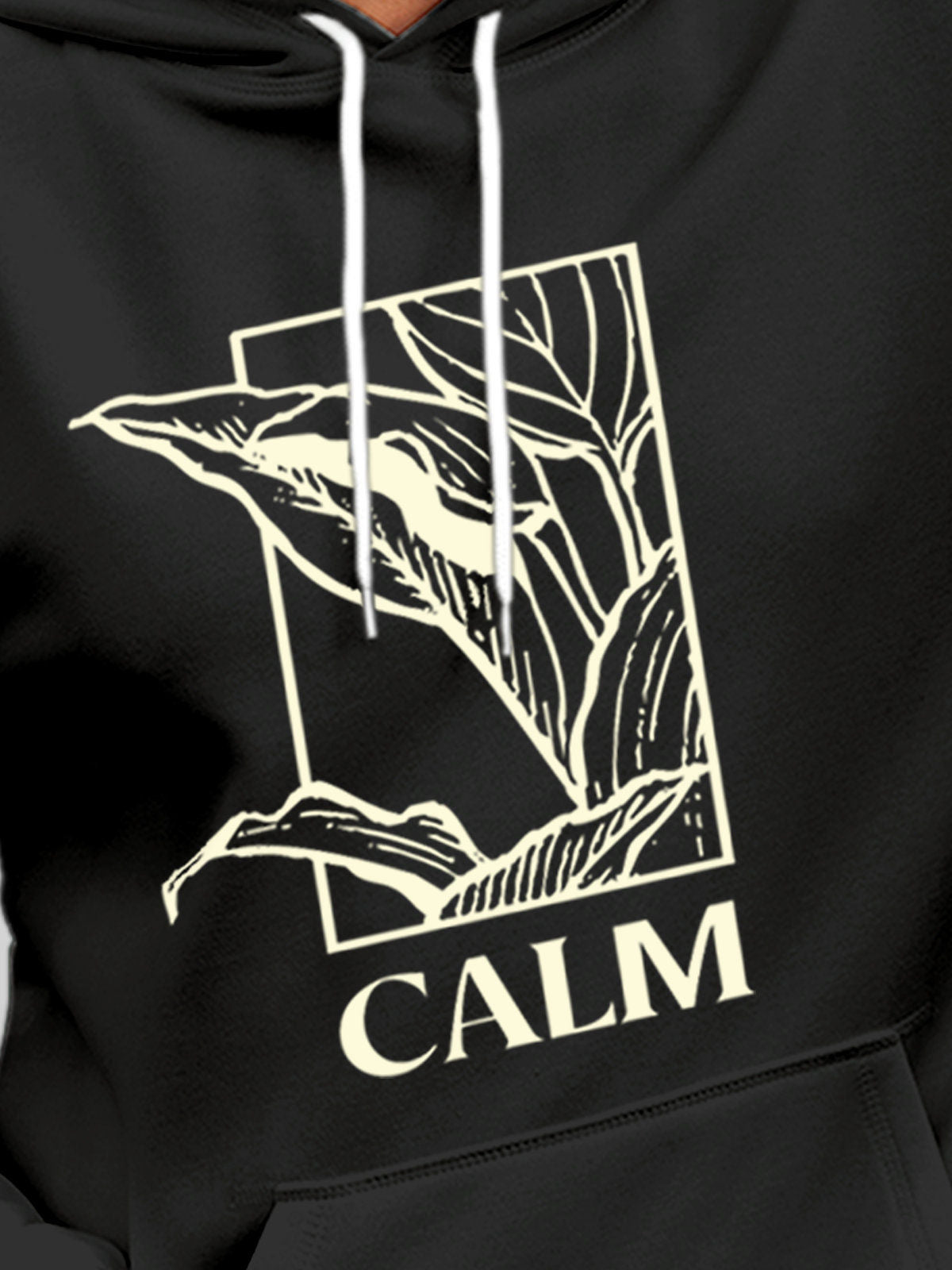 Close up of 'Calm' design on Men's Dark Grey Hoodie Sweatshirt, highlighting intricate details and vibrant print.
