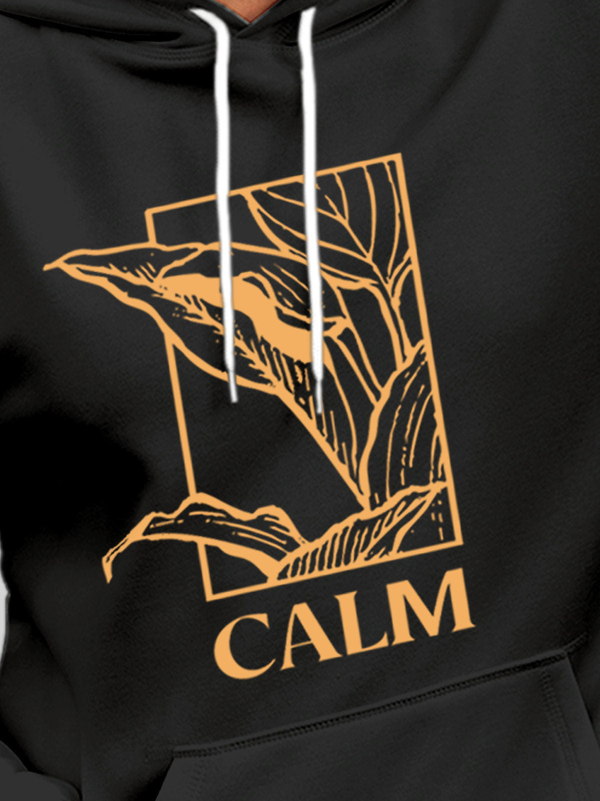 Close up of 'Calm' design on Men's Dark Grey Hoodie Sweatshirt, highlighting intricate details and vibrant print.