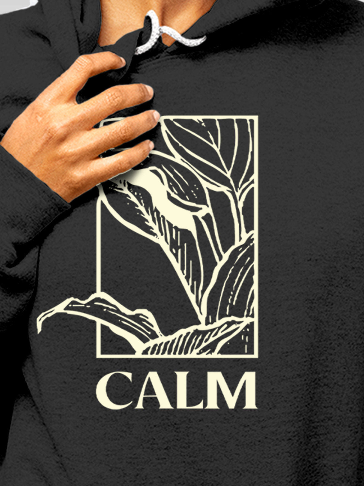 Close up of 'Calm' design on Women's Dark Grey Hoodie Sweatshirt, highlighting intricate details and vibrant print.