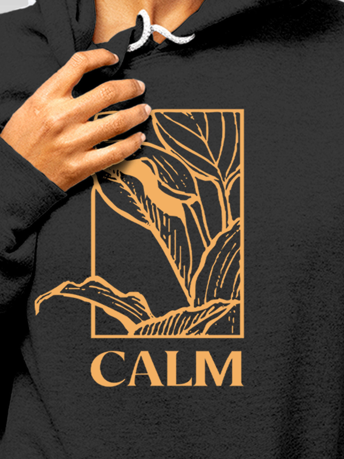 Close up of 'Calm' design on Women's Dark Grey Hoodie Sweatshirt, highlighting intricate details and vibrant print.