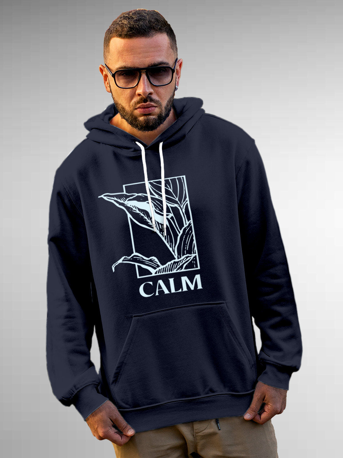 Model wearing Men's Navy Blue Hoodie Sweatshirt with 'Calm' design, offering effortless style and premium comfort