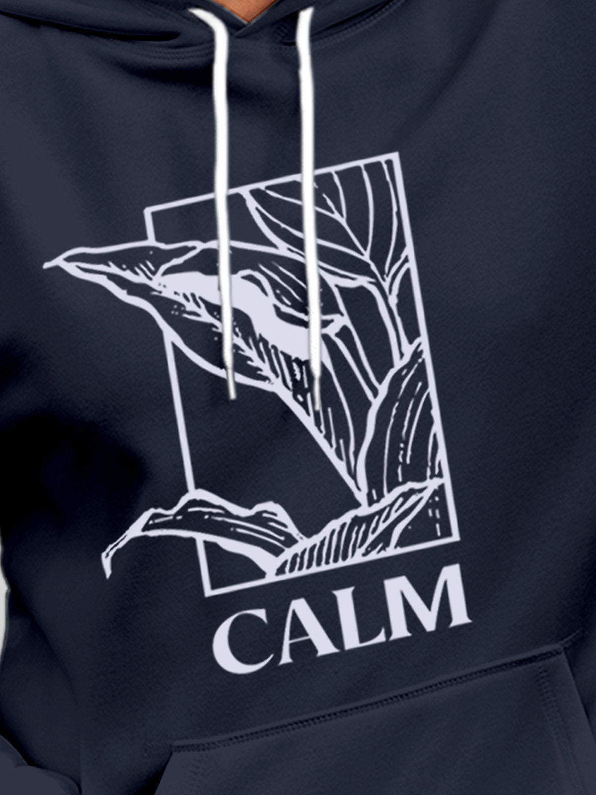 Close up of 'Calm' design on Men's Navy Blue Hoodie Sweatshirt, highlighting intricate details and vibrant print.