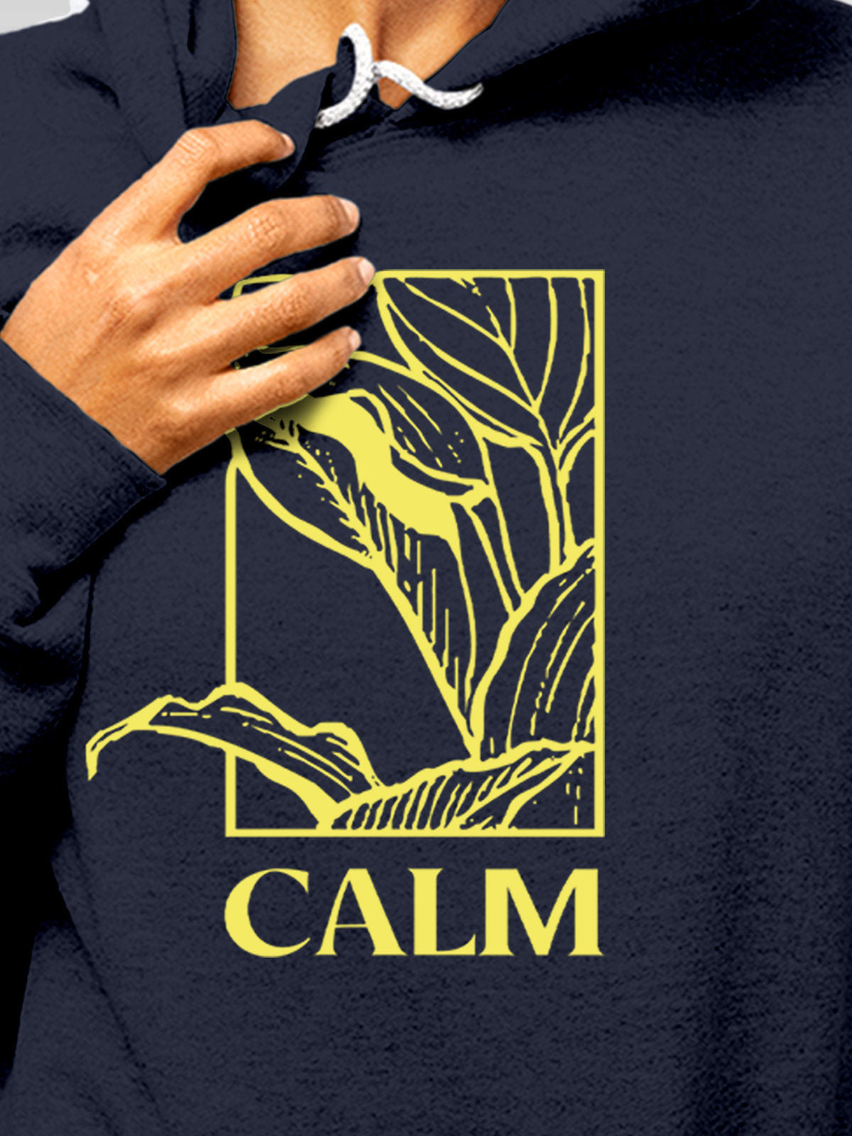 Close up of 'Calm' design on Women's Navy Blue Hoodie Sweatshirt, highlighting intricate details and vibrant print.