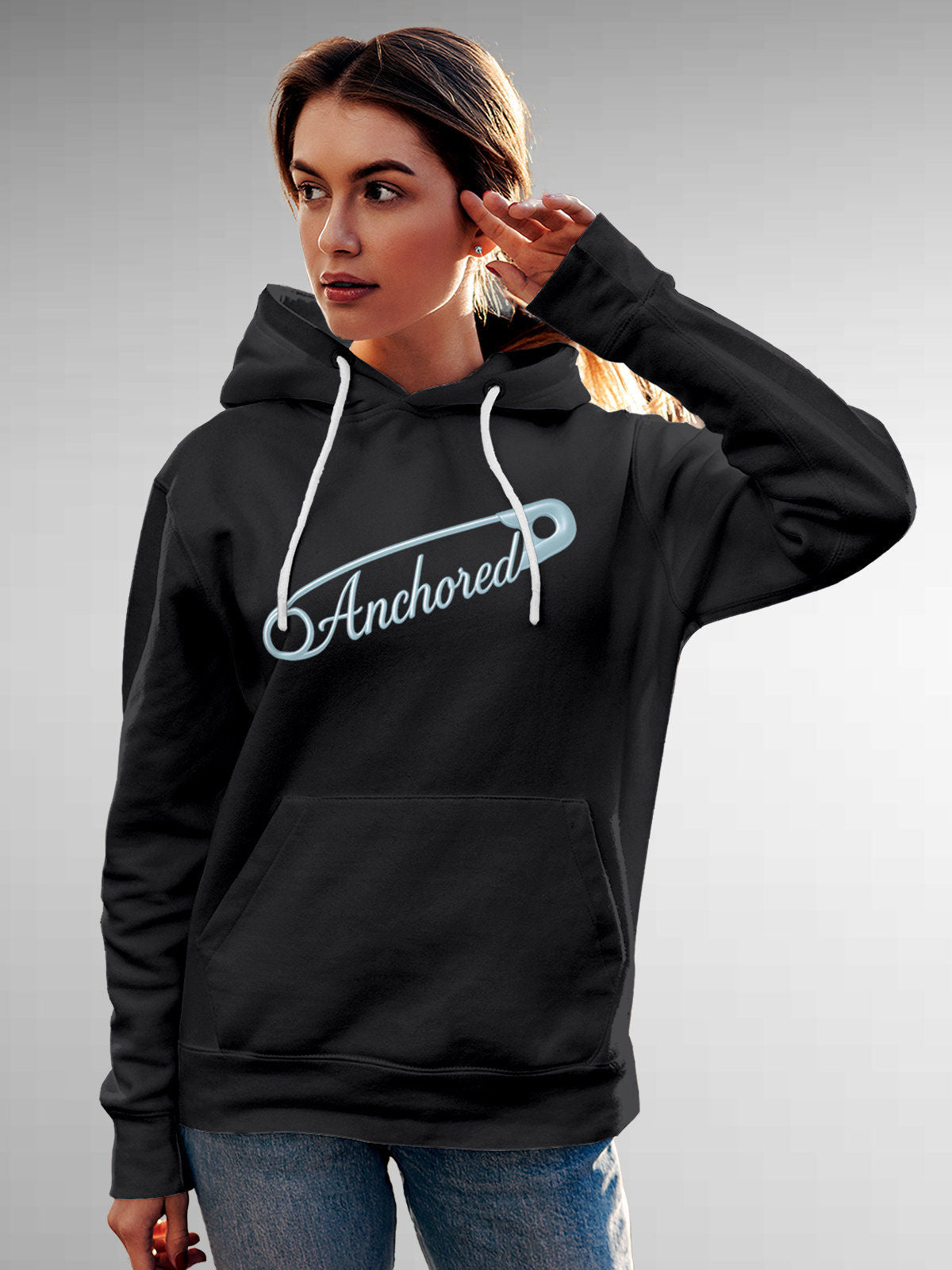 Model wearing Women's Dark Grey Hoodie Sweatshirt with 'Anchored' design, offering effortless style and premium comfort