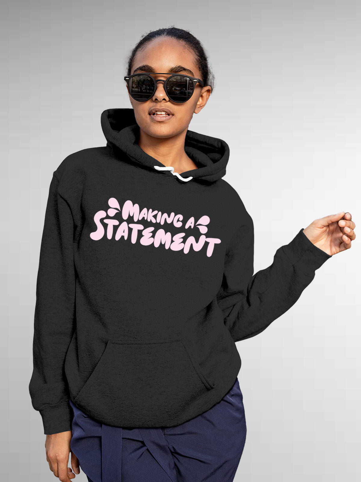Model wearing Women's Dark Grey Hoodie Sweatshirt with 'Making A Statement' design, offering effortless style and premium comfort