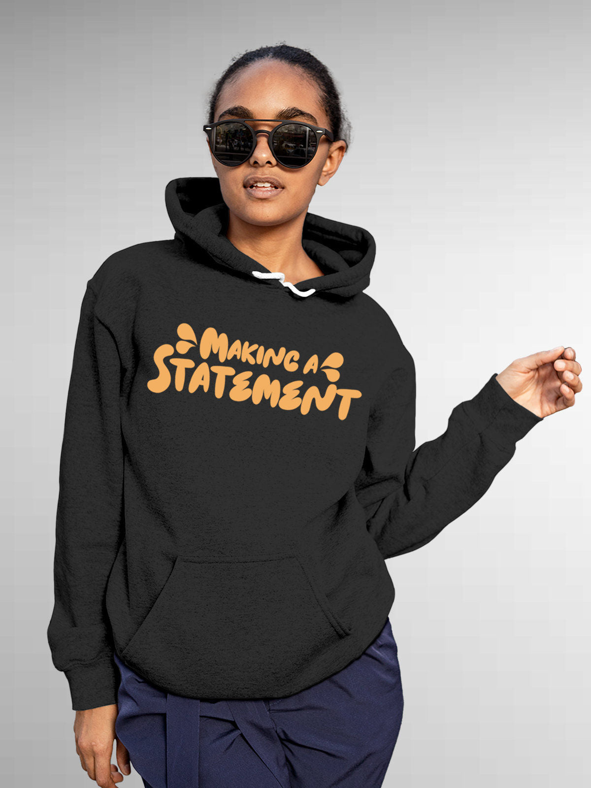 Model wearing Women's Dark Grey Hoodie Sweatshirt with 'Making A Statement' design, offering effortless style and premium comfort
