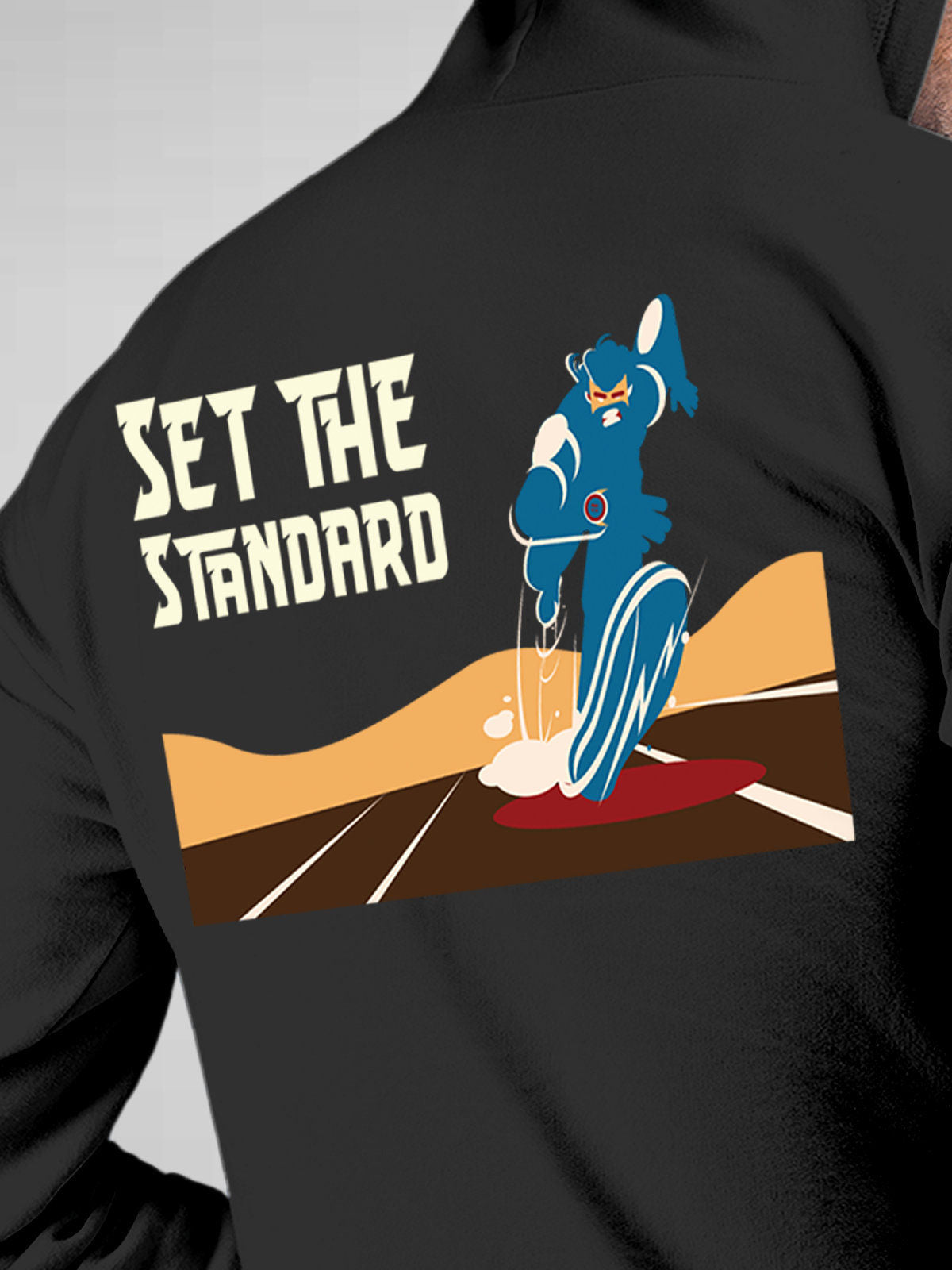 Close up of 'Raise The Bar' design on Men's Dark Grey Hoodie Sweatshirt, highlighting intricate details and vibrant print.