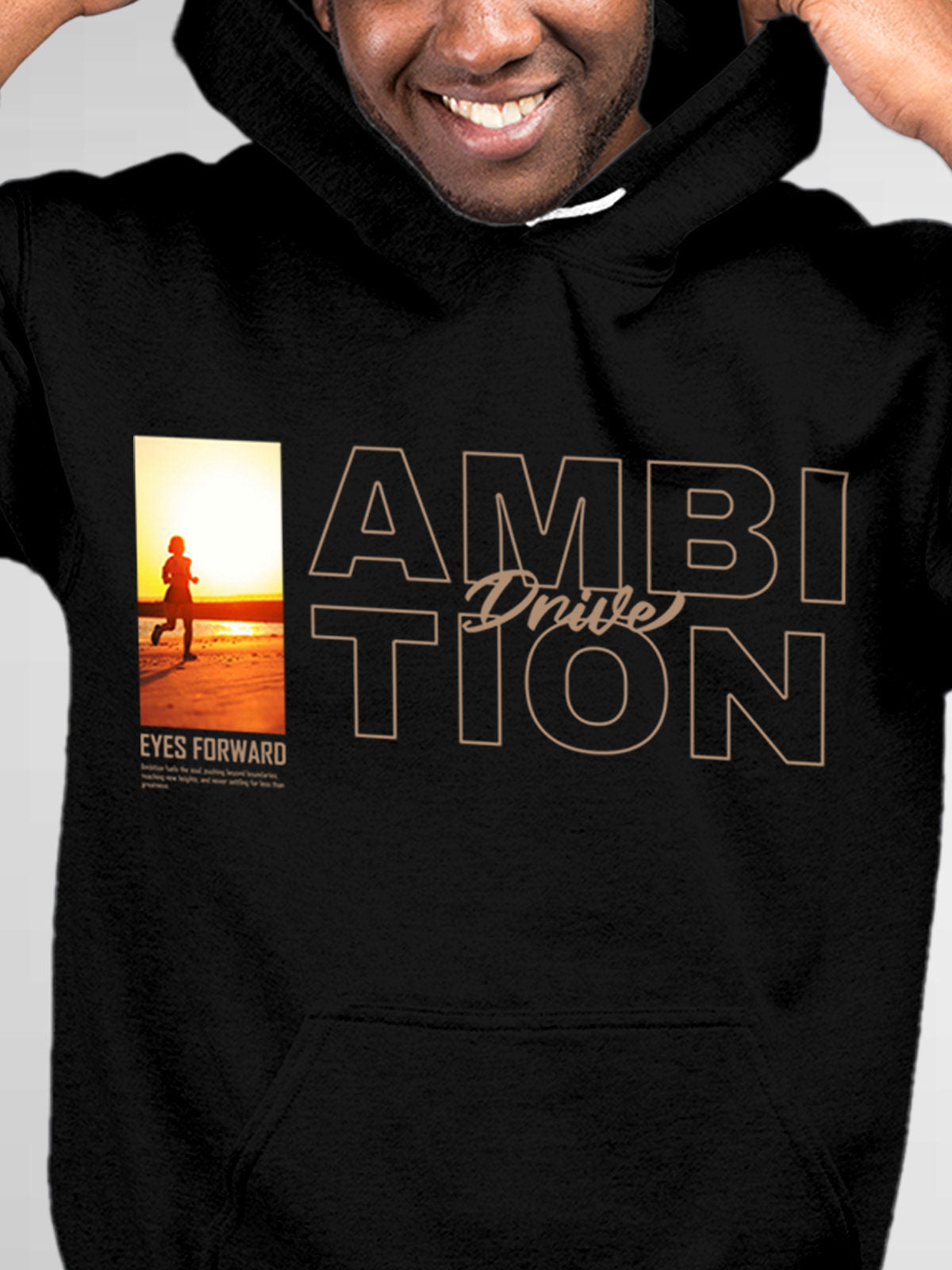 Close up of 'Ambition & Drive' design on Men's Black Hoodie Sweatshirt, highlighting intricate details and vibrant print.