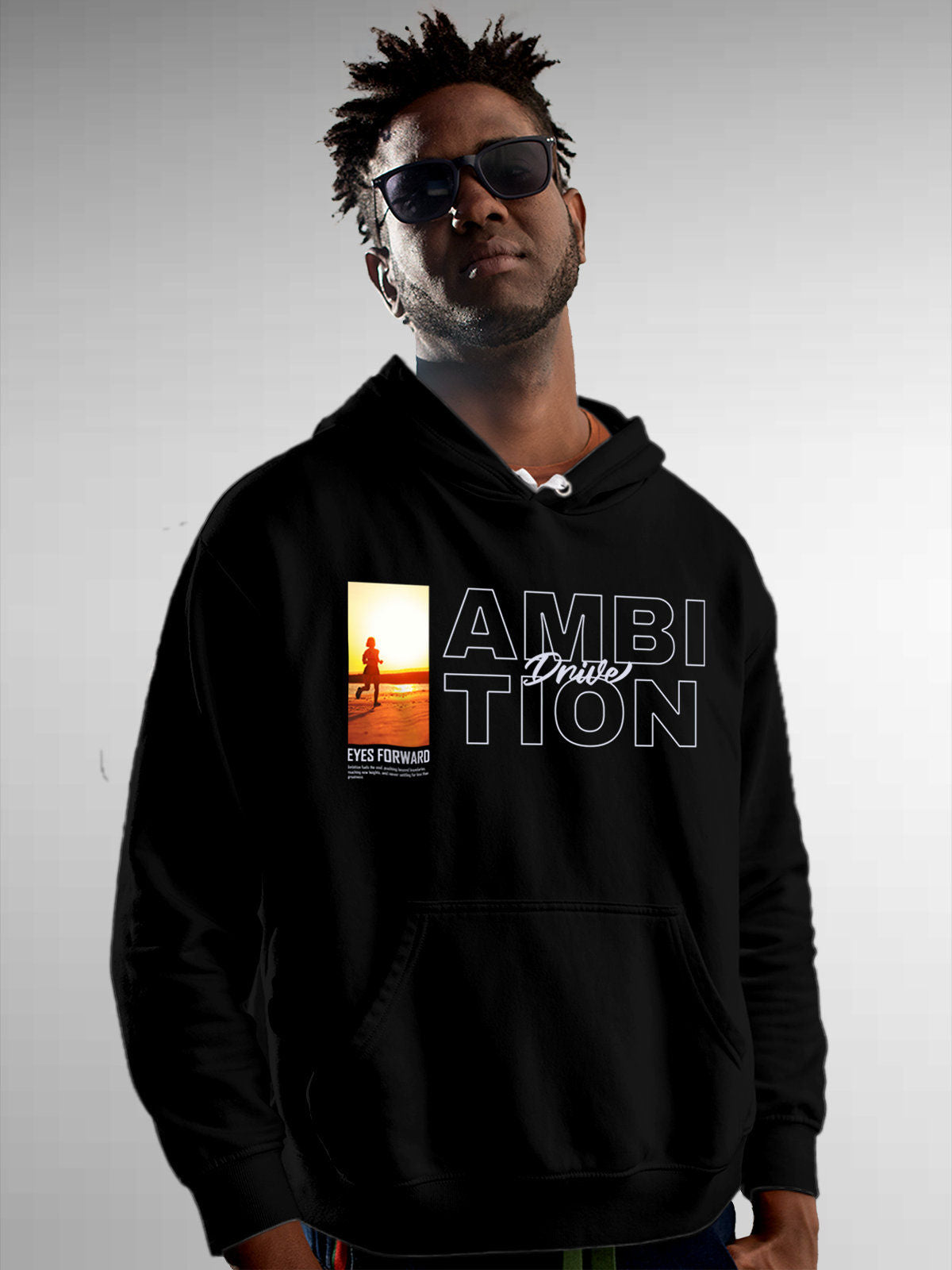 Model wearing Men's Black Hoodie Sweatshirt with 'Ambition & Drive' design, offering effortless style and premium comfort