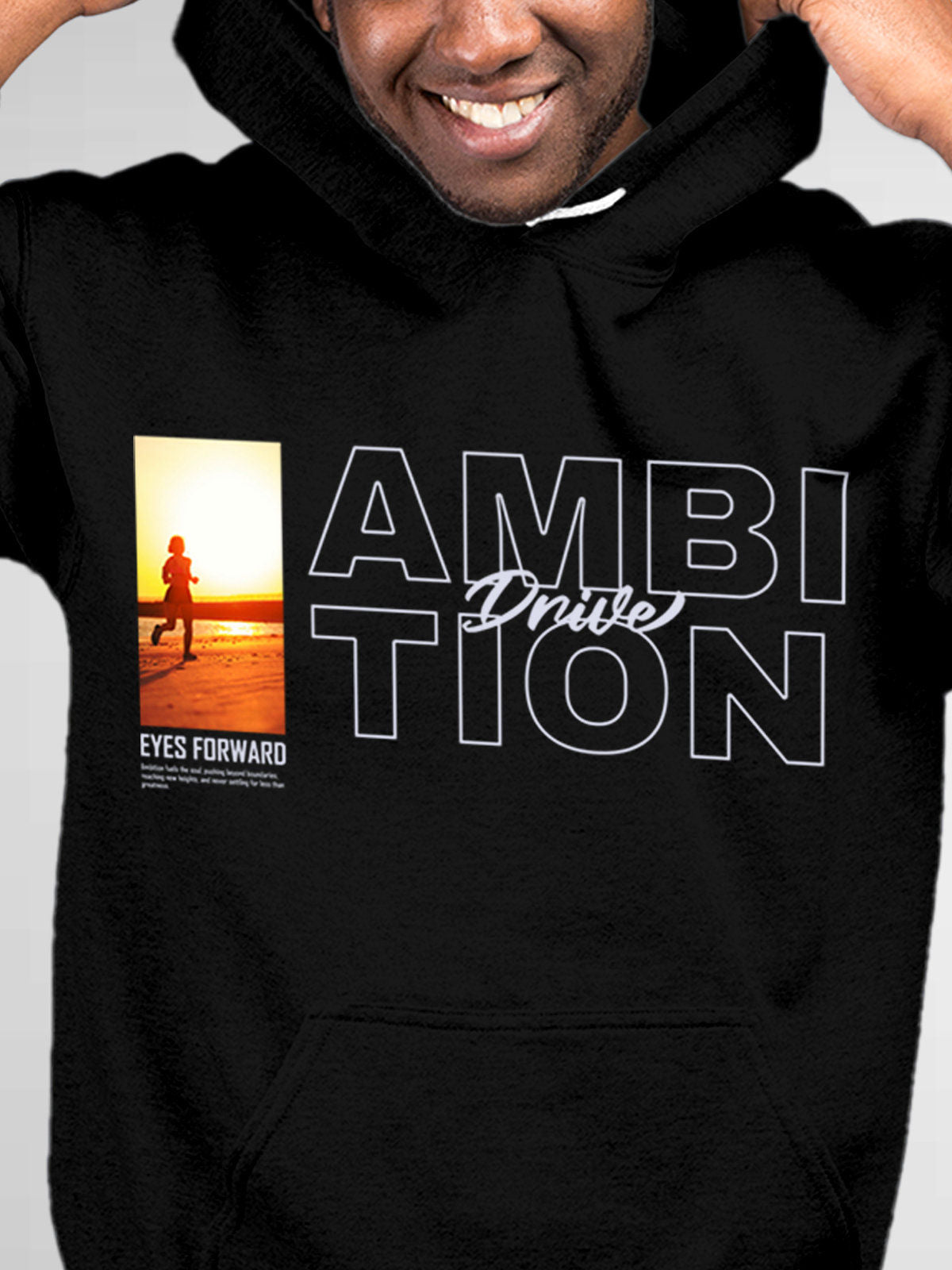 Close up of 'Ambition & Drive' design on Men's Black Hoodie Sweatshirt, highlighting intricate details and vibrant print.