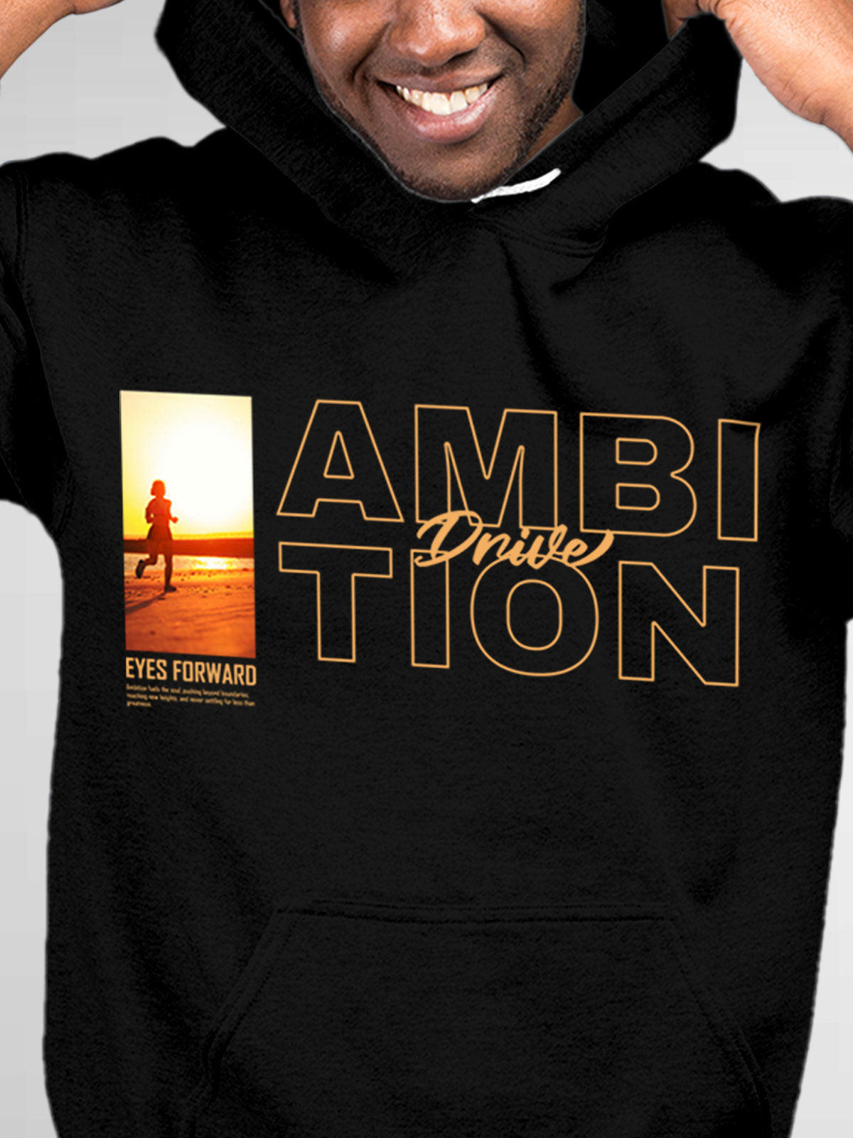 Close up of 'Ambition & Drive' design on Men's Black Hoodie Sweatshirt, highlighting intricate details and vibrant print.