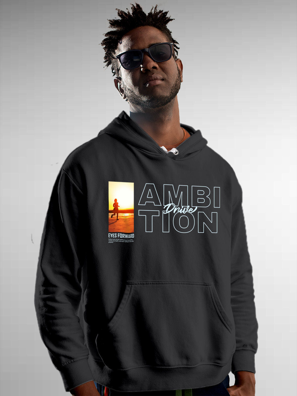 Model wearing Men's Dark Grey Hoodie Sweatshirt with 'Ambition & Drive' design, offering effortless style and premium comfort