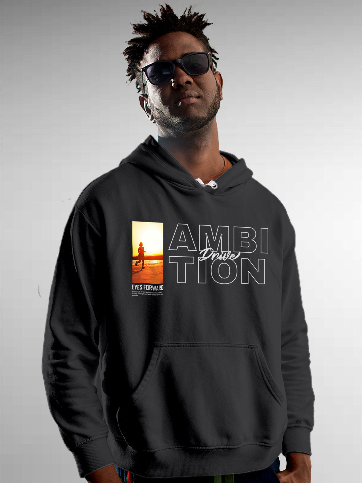 Model wearing Men's Dark Grey Hoodie Sweatshirt with 'Ambition & Drive' design, offering effortless style and premium comfort