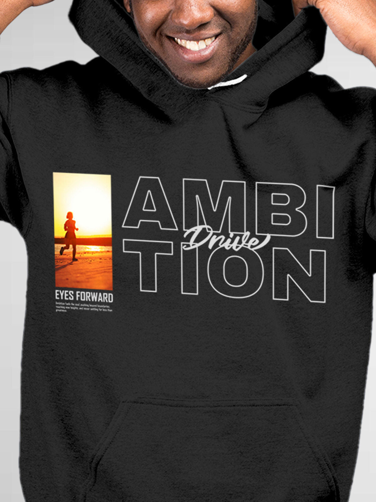 Close up of 'Ambition & Drive' design on Men's Dark Grey Hoodie Sweatshirt, highlighting intricate details and vibrant print.