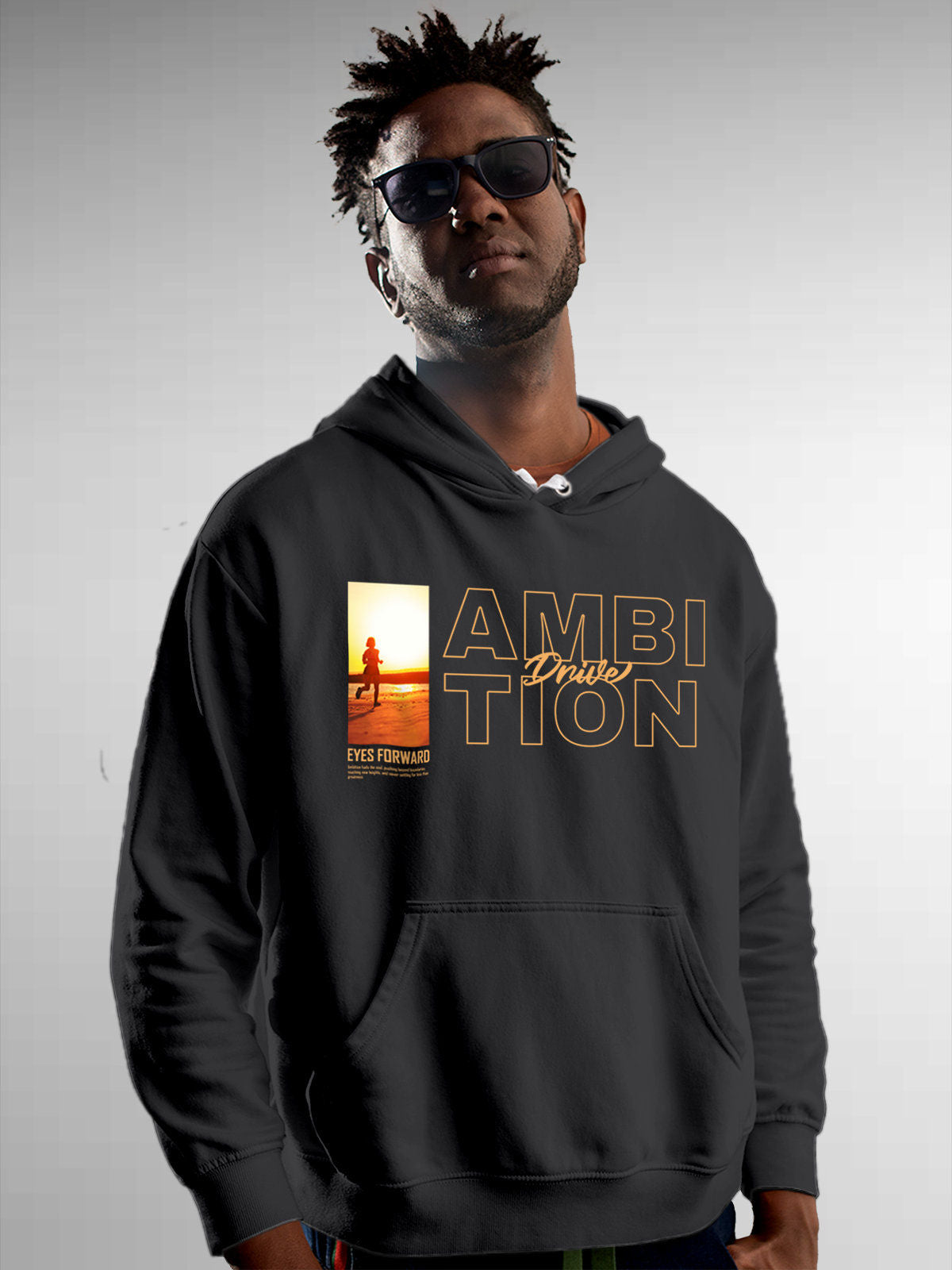 Model wearing Men's Dark Grey Hoodie Sweatshirt with 'Ambition & Drive' design, offering effortless style and premium comfort
