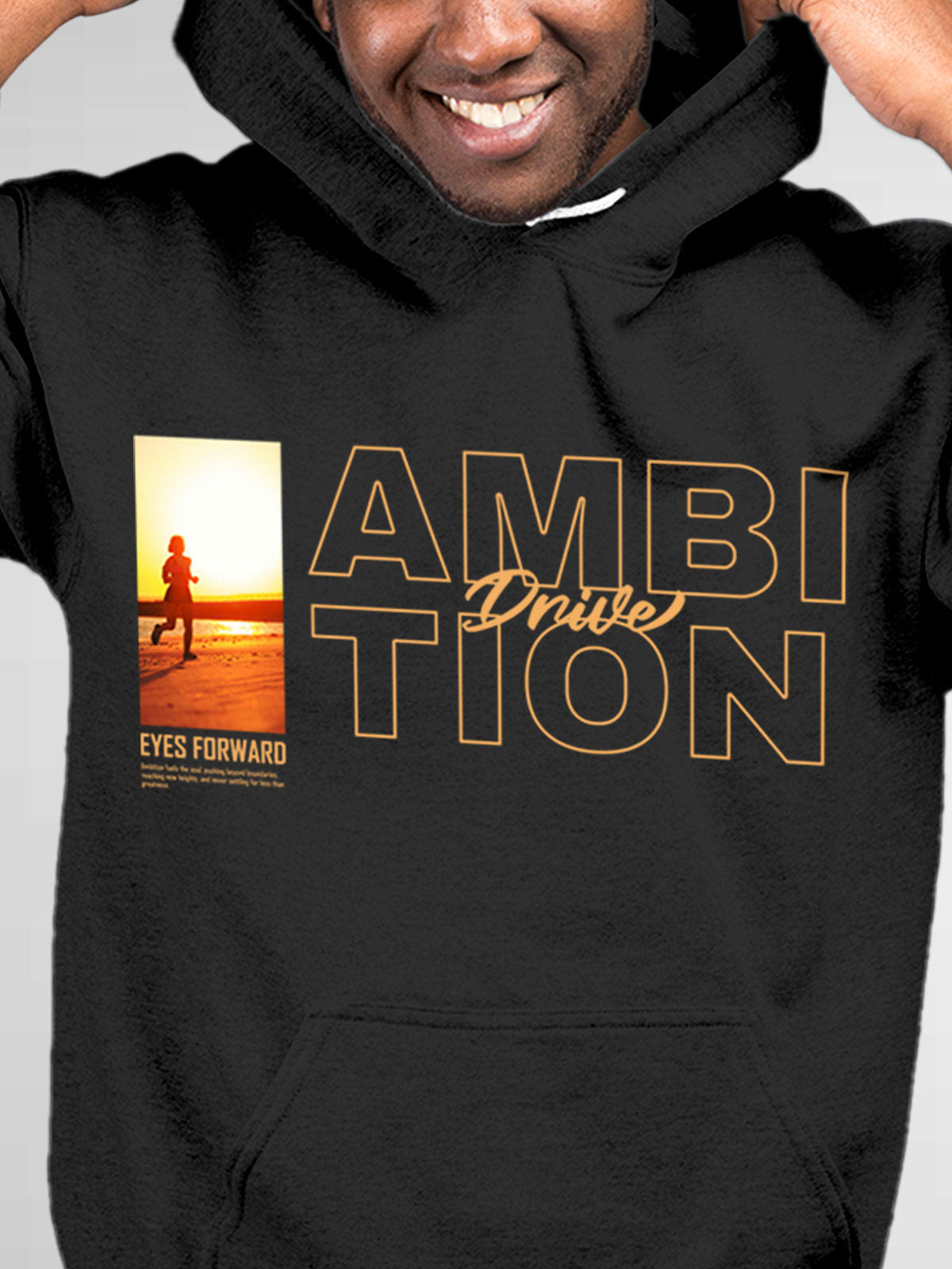 Close up of 'Ambition & Drive' design on Men's Dark Grey Hoodie Sweatshirt, highlighting intricate details and vibrant print.